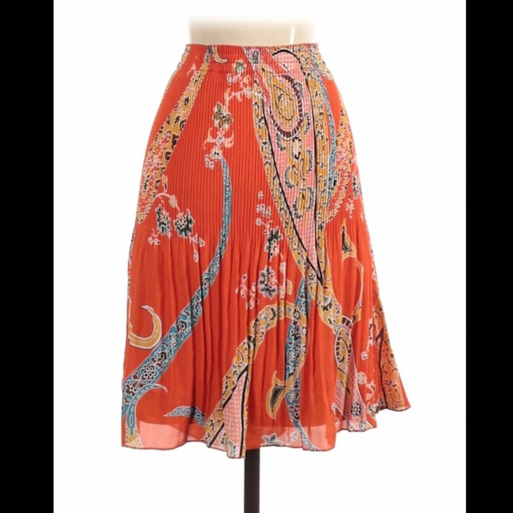 Melissa Paige accordian pleated orange paisley a line midi skirt, med petite